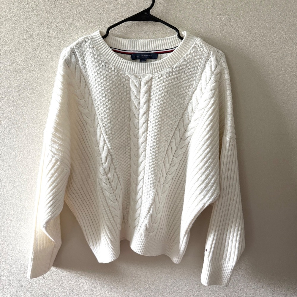 Tommy Hilfiger ivory crew neck relaxed cable knit sweater size XL